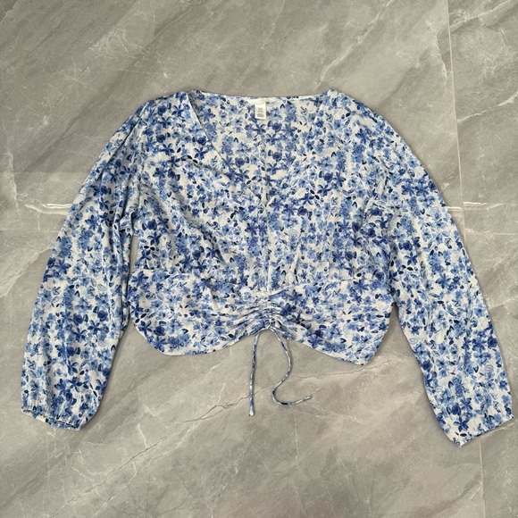 H&M Tops - Women’s H&M Floral V-Neck Long Sleeve Shirt Ruched Bow Plus Size XXL